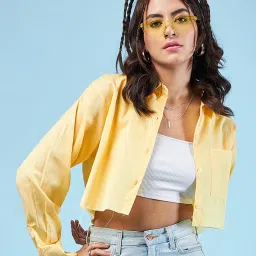 CHIMPAAANZEE Yellow Cotton Relaxed Fit Oversized Crop Shirt image 2