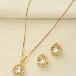 Voylla Gold Sparkling Elegance Golden Bliss American Diamond Necklace & Earring Set-picture-21