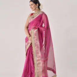Sutra Attire Rose Pink Ranisa Edit Banarasi Handwoven Tissue Saree with Heavy Lace Work image 2