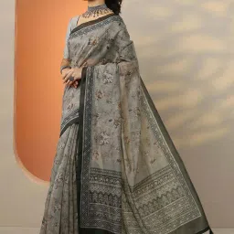 Libas Grey Floral Print Saree With Unstitched Blouse image 2