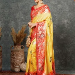 Satrani Yellow & Red Cotton Silk Woven Saree With Unstitched Blouse image 2