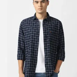 Van Heusen Navy Cotton Slim Fit Chequered Shirt-image-76