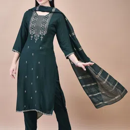 Shree Floral Embroidered Liva Straight Kurta with Trousers & Dupatta-picture-31