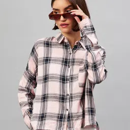 CHIMPAAANZEE Pink & Black Viscose Checks Oversized Crop Shirt image 2