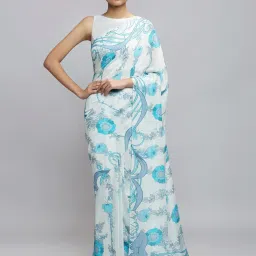 navyasa by liva Sky Blue Floral Print Saree With Unstitched Blouse image 1