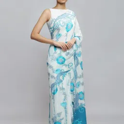 navyasa by liva Sky Blue Floral Print Saree With Unstitched Blouse image 4