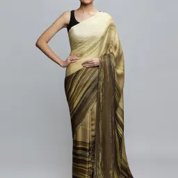 navyasa by liva Beige & Brown Printed Saree With Unstitched Blouse image 1