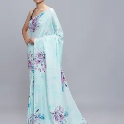 navyasa by liva Sky Blue Floral Print Saree With Unstitched Blouse image 3