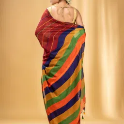 CHARUKRITI Brick Red Cotton Striped Saree With Unstitched Blouse image 2