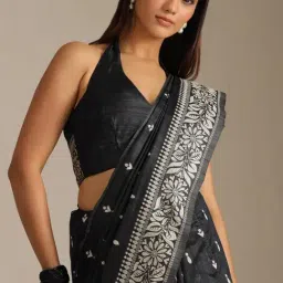 Soch Off White Tussar Embroidered Saree With Unstitched Blouse Piece image 4