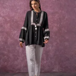 Juniper Black & White Tunic with Thread Work, Buttons & Tassels-image-80
