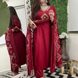 LIVIX Women Bandhani Embroidered Regular Thread Work Chanderi Silk Kurta with Trousers & With Dupatta image 3