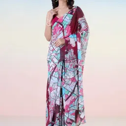 navyasa by liva Maroon & Blue Printed Saree With Unstitched Blouse-picture-23