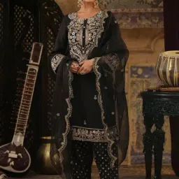Scakhi Black Chanderi Silk Dori Gota Embroidered Kurta with Salwar and Dupatta-picture-19