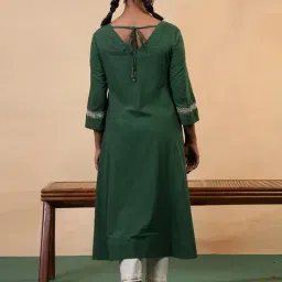 Folksong By W Dark Green Pure Cotton Solid Kurti image 2
