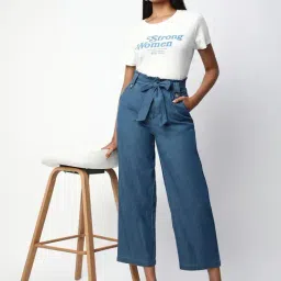 R&B Blue Cotton Regular Fit High Rise Trousers image 3