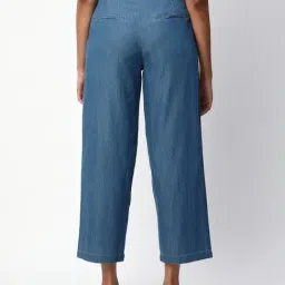 R&B Blue Cotton Regular Fit High Rise Trousers image 2