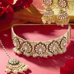 Zaveri Pearls Green Meenakari Multistrand Kundan Choker Necklace Earring & Maangtikka Set-ZPFK17190-image-76