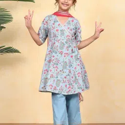 BIBA Girls Sky Blue Cotton Printed Suit Set-image-56