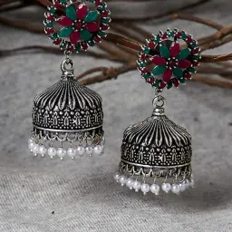 Panash Silver Toned & Green Dome Shaped Jhumki Earrings-image-47