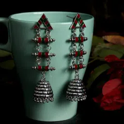 Panash Silver Toned & Red Triangular Jhumki Earrings-image-40