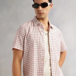 Thomas Scott Maroon & White Linen Gingham Checked Slim Fit Shirt image 5