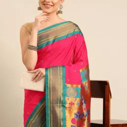 Varkala Silk Sarees Hot Pink & Green Woven Saree With Unstitched Blouse image 3