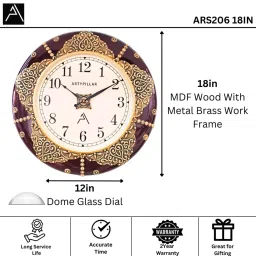 ARTYPILLAR 18In Wooden Frame with Brass Emboss Work and 12In Dome Glass Dial Wall Clock image 2