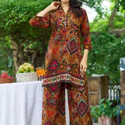 KALINI Women Ajrak Printed Embroidery Co-ord Set-image-23
