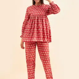 Sweet Dreams Red Cotton Printed Tunic Pyjama Set-image-14