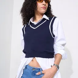 SF JEANS by Pantaloons Women V-Neck Sleeveless Crop Sweater Vest-image-68