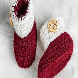Knits & Knots Colour Blocked Handmade Cuffed Booties With Side Buttons - Maroon & Cream-picture-15
