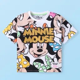Babyhug Disney Single Jersey Knit Half Sleeves T-Shirt with Minnie Mouse& Foil Text Print Detailing - White & Pink-picture-14