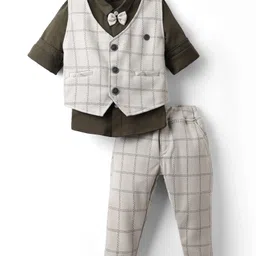 Mini Taurus Sinker Knit Full Sleeves Checks 3 Piece Party Suit With Bow Applique - Olive Green-picture-34