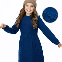 Hola Bonita Knit Full Sleeves Pullover Woollen Dress with Cable Knit Design - Teal Blue-picture-32