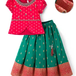 Babyhug Brocade Woven Half Sleeves Choli Lehenga Set With Floral Foil Print - Red & Green-picture-24