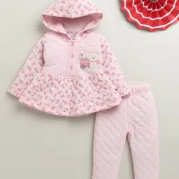 Bumzee Knit Full Sleeves Hooded Winter Wear Set with Teddy Bear Embroidery & Flower Print - Pink-picture-12