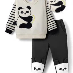 Mark & Mia Fleece Knit Full Sleeves Oversize Winter Wear T-Shirt & Joggers Set with Stripes & Panda Print - Black & White-picture-11