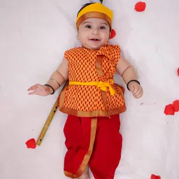 KID1 Cotton Woven Janmasthami Theme Sleeveless Krishna Costume Set With Mor Pankh & Headband - Yellow & Red-picture-20