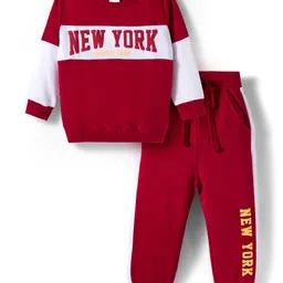 Babyhug Terry Knit Full Sleeves T-Shirt and Jogger Set With New York Text Print - Red-picture-24