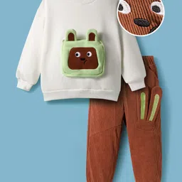 Mark & Mia Full Sleeves Winter Wear T-Shirt & Joggers Set with Pouch & Bear Applique - Brown & White-picture-27