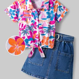 OLLINGTON ST. Cotton Sinker Knit Half Sleeves Floral Printed Top & Stretchable Denim Skirt - Multicolor & Blue-picture-15