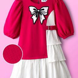 Hola Bonita Knit Three Fourth Sleeves Tiered Frock with Cut & Sew Design Bow Print - Dark Pink & White-picture-6