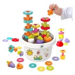 NEGOCIO Early Learning Stem Exercise Hand-eye Coordination Shape Matching Flower Pots Montessori Stacking Baby Toys- Pack of 1 - Color May Vary-picture-16