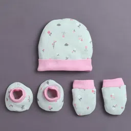BUMZEE Cotton Knit Floral Printed Cap Mittens & Booties Sea Green & Pink - Diameter 8.5 cm-image-83