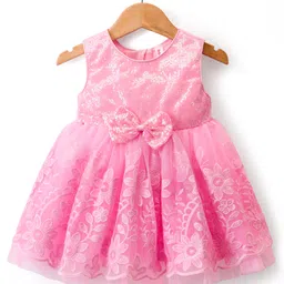Babyhug Mesh Woven Sleeveless Party Dress With Floral Embroidery & Sequin Detailing - Pink-picture-11