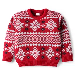 Babyhug Knit Full Sleeves Pullover Sweater Set With Floral Design - Red & Navy Blue image 2