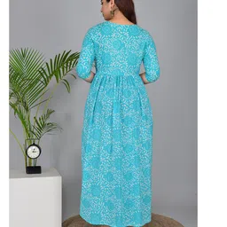 NEVISHA STYLE Cotton Woven Three Fourth Sleeves Floral Swirls Printed Maternity Kurta With Side Zipper Nursing Access - Blue image 3