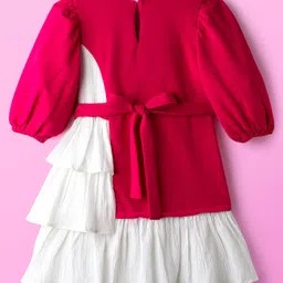 Hola Bonita Knit Three Fourth Sleeves Tiered Frock with Cut & Sew Design Bow Print - Dark Pink & White image 2