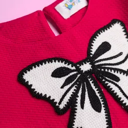 Hola Bonita Knit Three Fourth Sleeves Tiered Frock with Cut & Sew Design Bow Print - Dark Pink & White image 3